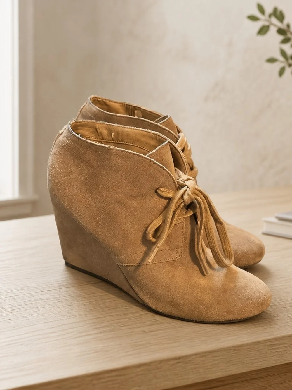 Dolce Vita Beige Suede Lace-Up Wedge Booties